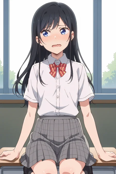 score_9, score_8_up, score_7_up, source_anime, 1girl, prefect lighting, very aesthetic, intricate details, highly detailed background, masterpiece, high quality, prefect hands, best quality, solo,
<lora:Rin_Nanakura_Pseudo_Harem_V1:.85>, KJOrin, black hair, blue eyes, long hair, swept bangs,
school uniform, black kneehighs,
embarrassed, wavy mouth, open mouth, looking to the side, blush,
classroom, desks, sliding doors,
(Beautiful, small Breasts:1.2), natural breasts,