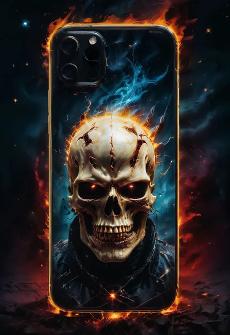 Knight Jack, combination of purple and deep red in the background of a death metal smartphone album artwork under the stars creates a striking contrast, setting a powerful and intense tone. The dark yellow and light blue accents add a layer of complexity, enhancing the technological and cool appearance of the smartphone.