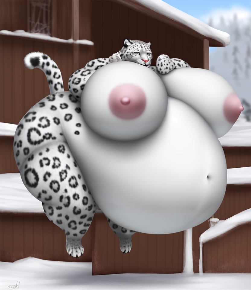 photorealistic, snow leopard, female, felid, pantherine, detailed background, detailed face, inflating, air inflation, hyper inflation, body inflation, hyper breasts, hyper hips, hyper belly, hyper belly, inflated arms, floating <lora:Inflation08-One4AllFur:0.8>