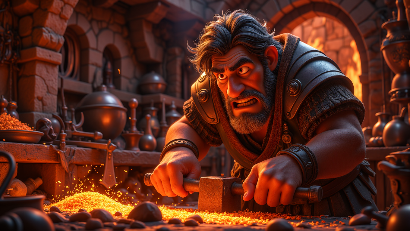 A rugged blacksmith, with muscular arms and a weathered face, hammers away at a glowing piece of metal in a smoky, fire-lit forge. Sparks fly as the hammer strikes, and the blacksmithâs intense focus is evident in his furrowed brow. Around him, various weapons and armor pieces are displayed, hinting at his mastery of the craft. The style is gritty and powerful, capturing the raw energy of the blacksmithâs work and the medieval craft of weapon-making     <lora:Cute_3d_Cartoon_Flux:0.7>