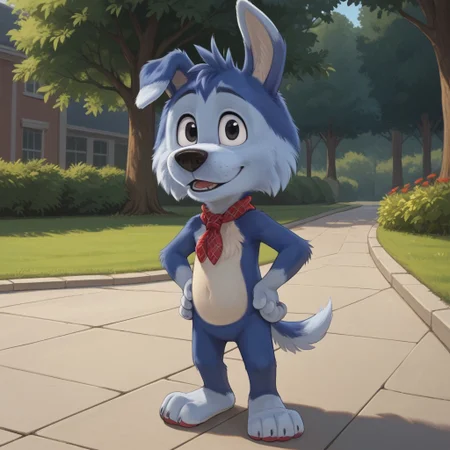 score_9, score_8_up, score_8, score_7, source_cartoon, Scooch(GDG), Solo, 1boy, anthro, male furry, dog, dog boy, blue fur, two-toned fur, white belly fur, dog ears, dog tail, black eyes, red bandana, full body, looking at viewer, standing, hands on hips, park background,
