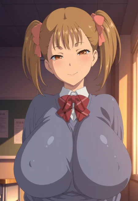 1girl,solo,Rumi,twintails,brown hair,brown eyes,huge breasts,anime coloring,
school uniform,upper body, looking at viewer, smile,indoors
,masterpiece,best quality,amazing quality,<lora:Rumi-haha_musume_donburi_ix:0.8>