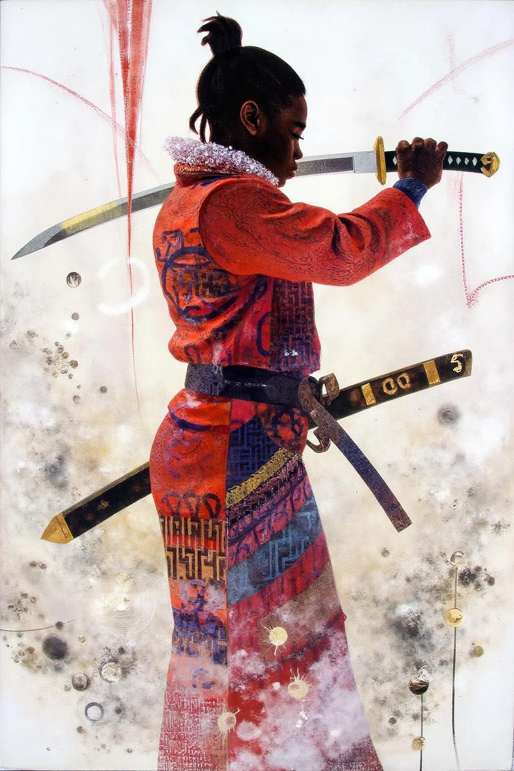 mixed media collage.
a female Japanese samurai warrior wielding a katana, blending form with reality. Glitching the surreal with blurred dreams on a white background. Woven light fuses delicatly with whispering shimmers creating a eyecatching and masterpiece artwork. drifting fog, cracked light and smokey haze in floating threads finishes the dreamlike reality. <lora:ekho_collage_nocap_d6a3e12:1.0><lora:824703922355578801:0>