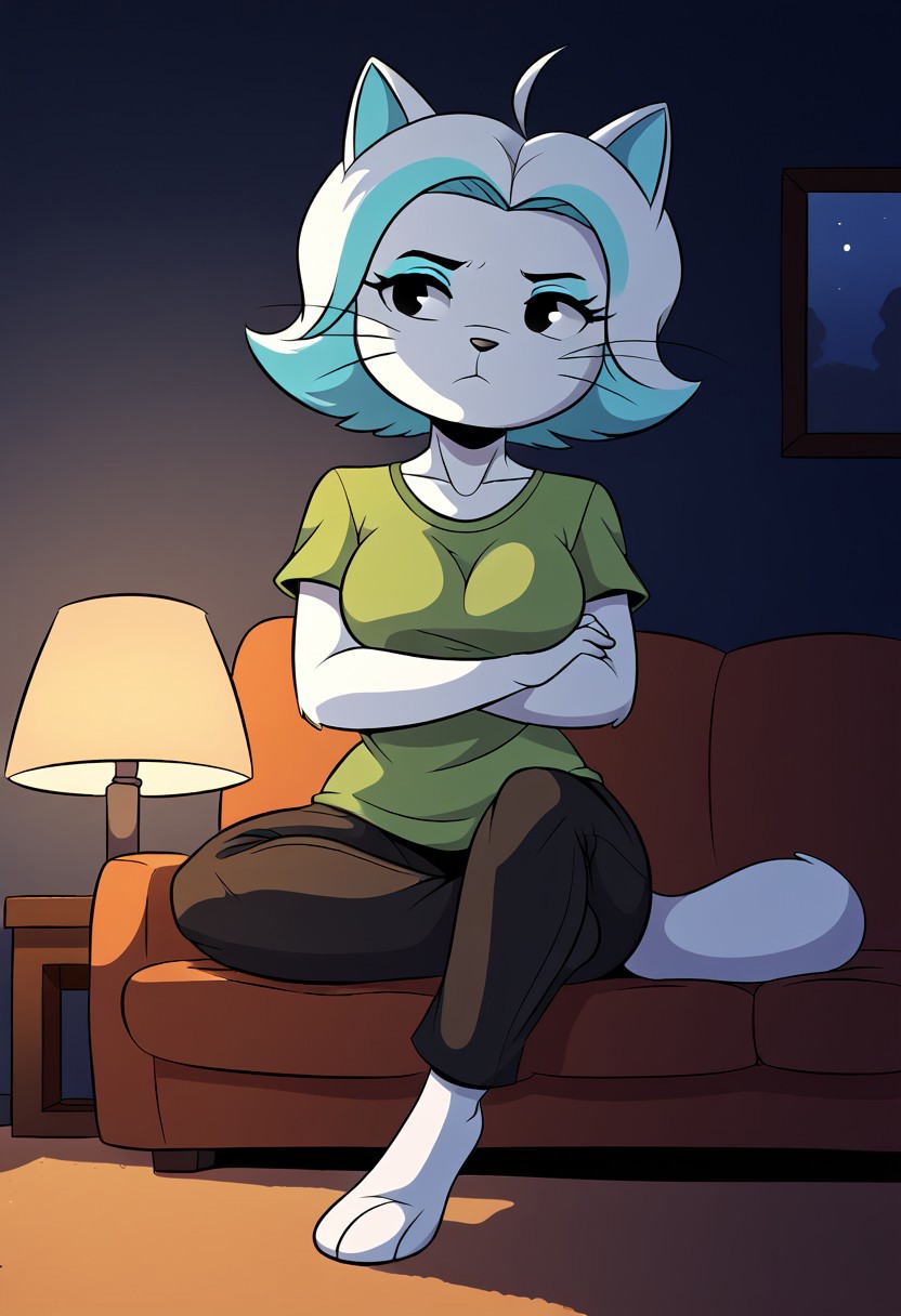 score_9, score_8_up, score_7_up, (detailed textures, digital artwork), ((living room, lamp, night, joaoppereiraus style)), (((easynegative, solo))), (white fur, female, anthro cat, karen_(smg4):1.00), ((short hair, cyan-white hair)), (whiskers), ((fur, snout, tail, ears, black eyes, eyelashes)), ((green t-shirt, black pants:1.30)), ((boring expression, frown, posing, sitting on sofa, crossed legs))