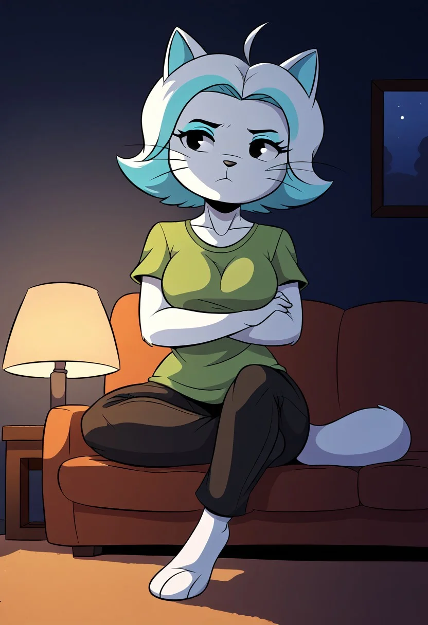 score_9, score_8_up, score_7_up, (detailed textures, digital artwork), ((living room, lamp, night, joaoppereiraus style)), (((easynegative, solo))), (white fur, female, anthro cat, karen_(smg4):1.00), ((short hair, cyan-white hair)), (whiskers), ((fur, snout, tail, ears, black eyes, eyelashes)), ((green t-shirt, black pants:1.30)), ((boring expression, frown, posing, sitting on sofa, crossed legs))