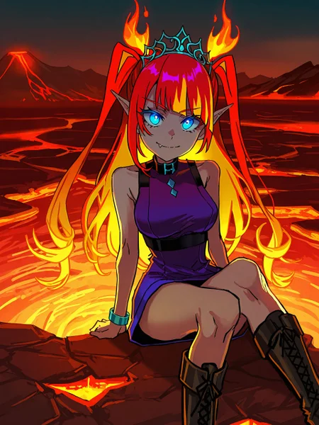 kuroume, <lora:kuroume_style_for_illustrious:0.8>,
MGCM, <lora:MGCM_v2.0-000023:0.8>,
(quasarcake:0.5), as109, xilmo, masterpiece, best quality,
<lora:Glowing_Spot_Color_-_Illustrious:0.6>, glowing eyes, streaked hair, glowing inner hair, glowing streaks,
hires, (detailed:1.1), vivid colors, smile, flare_panepon, red hair, fiery hair, long hair, blue eyes, pointy ears, purple dress, short dress, sleeveless dress, tiara, fang, bracelet, boots, knee boots, jewelry, (lava:1.1), volcano background, sitting, looking at viewer