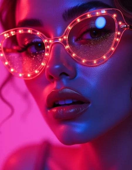 Neon-lit close-up, A hyper-realistic close-up of a beauty supermodel sexy girl face, big lips, bathed in neon pink and purple light with glittering particles on her skin, neon sunglasses with glitter textures patterns, fashion magazine style, beautiful background, Use soft colors and a shallow depth of field