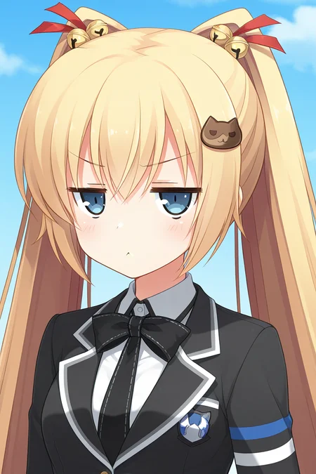 masterpiece, best quality, absurdres, official art, official style, rating general BREAK <lora:asasakameguri_IL_v1-4:0.7>, asasaka meguri, 1girl, solo, blue eyes, blonde hair, twintails, hair between eyes, very long hair, hair ribbon, red ribbon, hair bell, jingle bell, cat hair ornament, small breasts, looking at viewer, school uniform, long sleeves, black jacket, white shirt, black bowtie, black necktie, short necktie, blazer, buttons, emblem, collared shirt, striped sleeves, upper body, portrait, close-up,
blush, :<, >:, closed mouth, front view, frown, jitome, looking at viewer