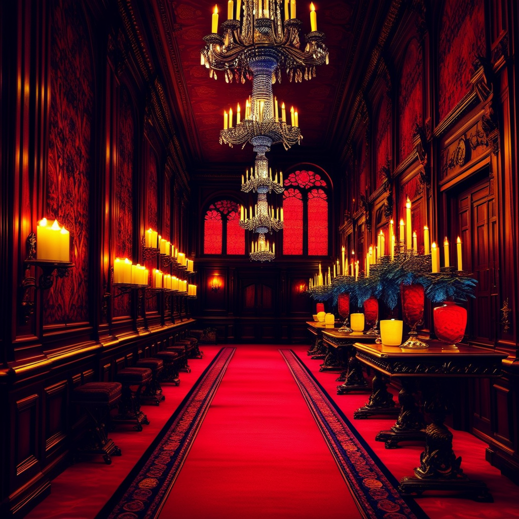 chandelier, wine glass, stool, stairs, candle, red theme, table, reflective floor, book, plant, TC_STX_blu, chair, carpet, architecture, TC_STX_yel
