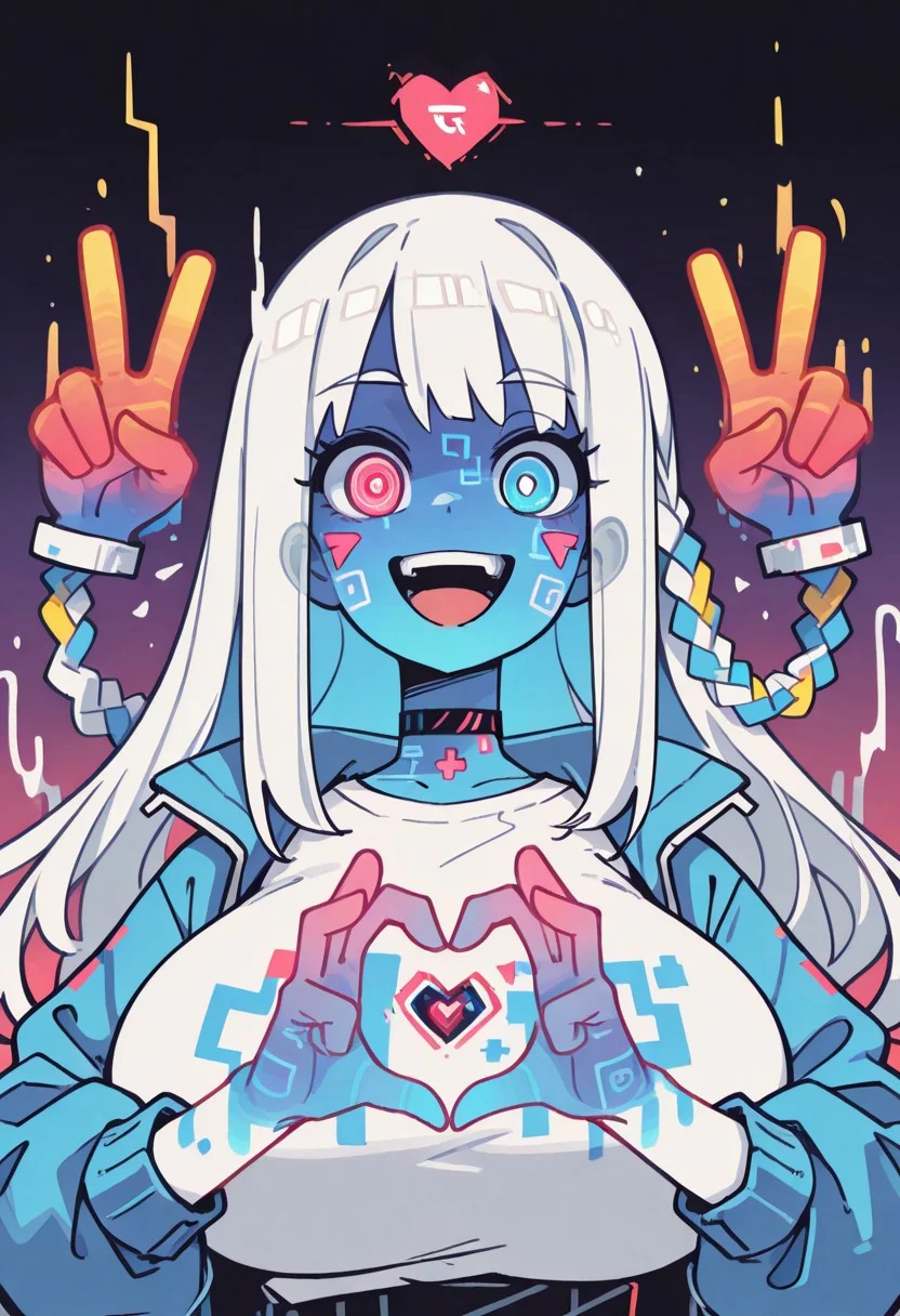 1 girl , solo , vibrant color , abstract , blue hair , white hair , ((hair stripes)) , heterochromia , red eye , blue eye , braided hair , long hair , rainbow color , rainbow glow , ((rainbow hands , glowing hands ,ghost hand , dissolving hands)) , heart hand , V , smile , (rainbow braid:1.3 ), open tech jacket , t-shirt , choker , looking at viewer , open mouth , circuitry face markings , (split face) , blue face , transparent body , floating heart , big breasts ,
masterpiece ,best quality ,amazing quality, gerph ,S4bit4mago_illu ,Flatline, Flat vector illustration ,