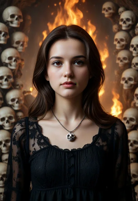 1girl, black dress, cowboy shot, dynamic view, no pattern dress, Hd, high quality, ultra realistic, detailed, slimes_skullwm, made of skulls, spooky skull background, light smile, PG, no teeth, portrait, looking afar, stoic, brunette, beautiful, necklace, fire in skull eyes,