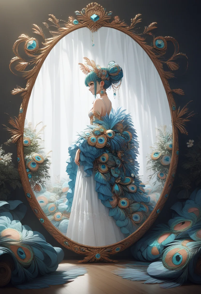 (source_anime:1.2), peacock, score_9, score_8_up, score_7_up, score_6_up, women made of peacock, looking at the mirror
<lora:Peacock_World_Morph_XL:1>,, score_9, score_8_up, score_7_up,