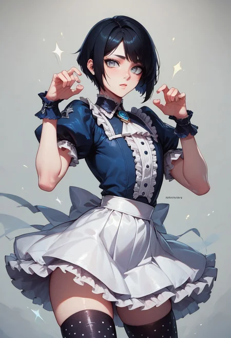 score_9, score_8_up, score_7_up, 1boy, femboy, otoko no ko, short hair, bob cut hair, black hair, grey eyes, gray eyes, feminine face, toned body, Shelly, dark-blue gothic shirt, puffy sleeves, white ruffle skirt, white dotted thighhighs, highly detailed, intricate, zzCitronCAT, cute pose, modelshoot, cowboy shot