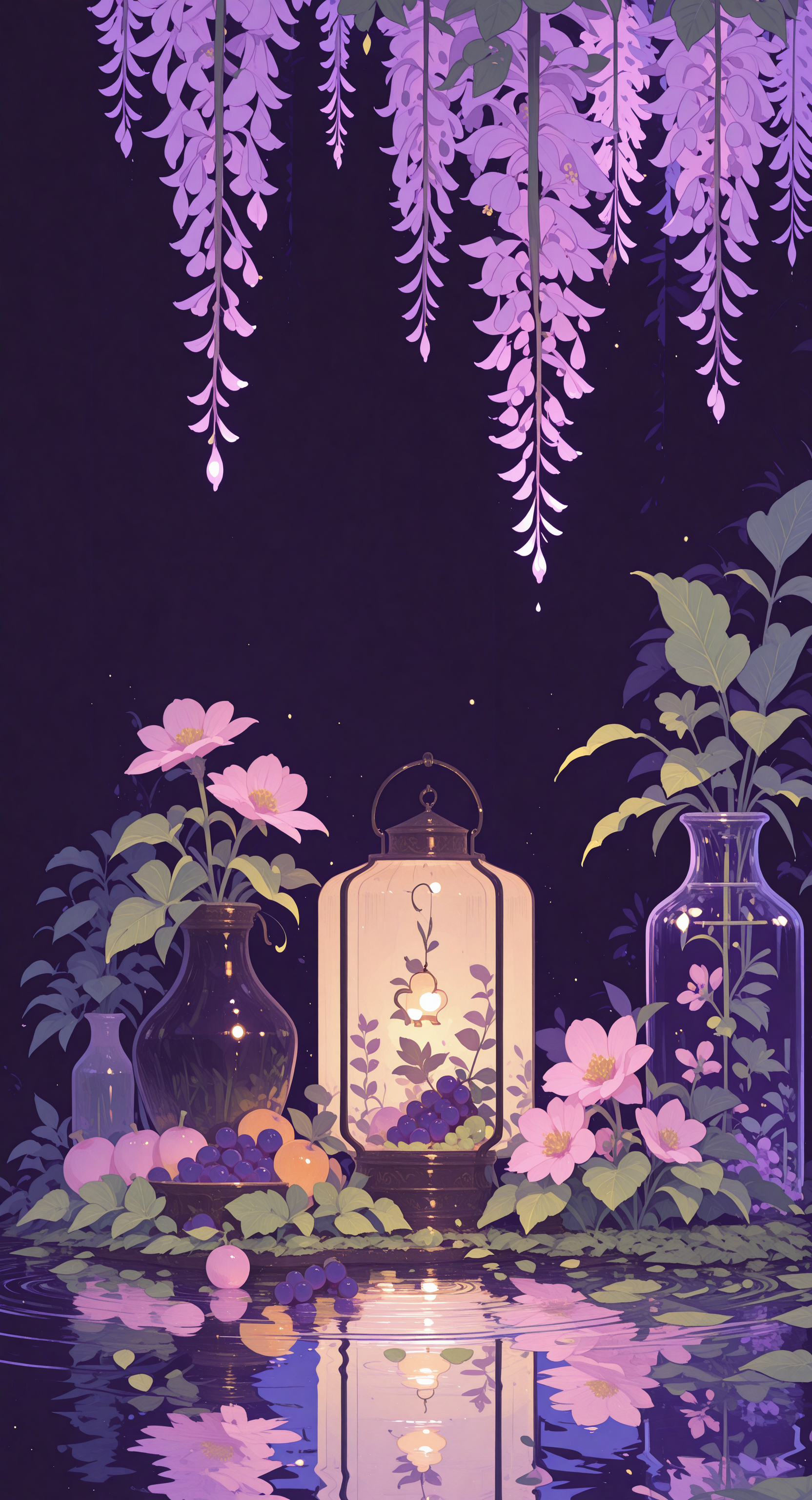 masterpiece, best quality, good quality, newest, highres, absurdres, flower, food, no humans, fruit, leaf, cat, plant, scenery, pink flower, reflection, lantern, lamp, ripples, vase, grapes, still life, wisteria, Ethereal Brushstroke,
Flat vector illustration,
h4ra_illu,
momosp <lora:illustriousXL_stabilizer_v1.23:0.3> <lora:NOOB_vp1_detailer_by_volnovik_v1:0.3> <lora:ponyv6_noobE11_2_adamW-000017:0.45> <lora:Illustrious:0.15> <lora:checkpoint-e18_s306:1.3> <lora:hara_id_21:0.85> <lora:MomoSweetSpaceILL:0.8>