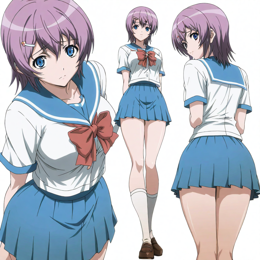 masterpiece,high score,great score,absurdres,solo,anime coloring,looking at viewer,<lora:character_Sheet_XL:0.5> character sheet, multiple views, white background,<lora:AnnaIchinose hassakuill30:1> annaichinose, purple hair, short hair, hairclip, blue eyes,serafuku,bow,skirt,socks,