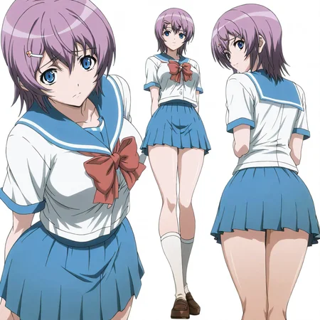 masterpiece,high score,great score,absurdres,solo,anime coloring,looking at viewer,<lora:character_Sheet_XL:0.5> character sheet, multiple views, white background,<lora:AnnaIchinose hassakuill30:1> annaichinose, purple hair, short hair, hairclip, blue eyes,serafuku,bow,skirt,socks,
