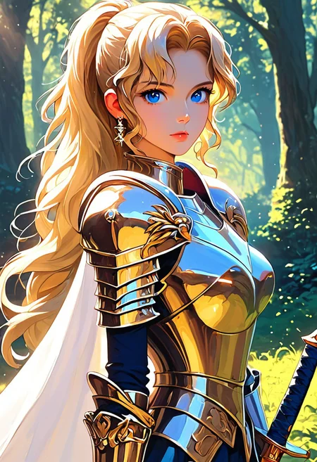 1girl, weapon, armor, sword, blue eyes, holding weapon, solo, blonde hair, holding sword, looking at viewer, cape, holding, forest, long hair, white cape, nature, shoulder armor, ponytail, gold armor, gloves, breastplate, outdoors, nose, pauldrons, tree, from side, blurry background, closed mouth, blurry, knight, bush, plate armor, wavy hair, vambraces, black gloves, gauntlets, upper body, standing, faulds, two-handed, earring, reflection,
rimixa,, <lora:Ri-MIX_A_Illustriousv-000010:1>, masterwork, masterpiece, best quality, dynamic lighting , dynamic pose,, dynamic angle, lips, nose