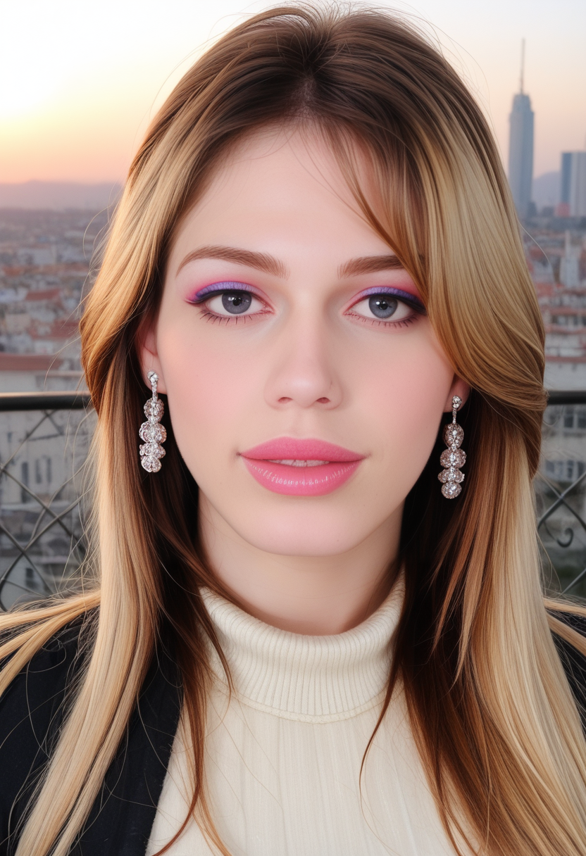 cinematic, ultra detailed, portrait, face focused, portrait, CarlaC4rd1ll3, Carla Cardille, <lora:CarlaC4rd1ll3-pony:1> 1girl, makeup, lips, long hair, big lips, wearing sweater, cityscape, earrings, solo, looking at viewer, bokeh, focus, film, ektachrome, artistic, best quality, photograph, focus, face focused, magic hour, photography, warm light, sunset, movie still,