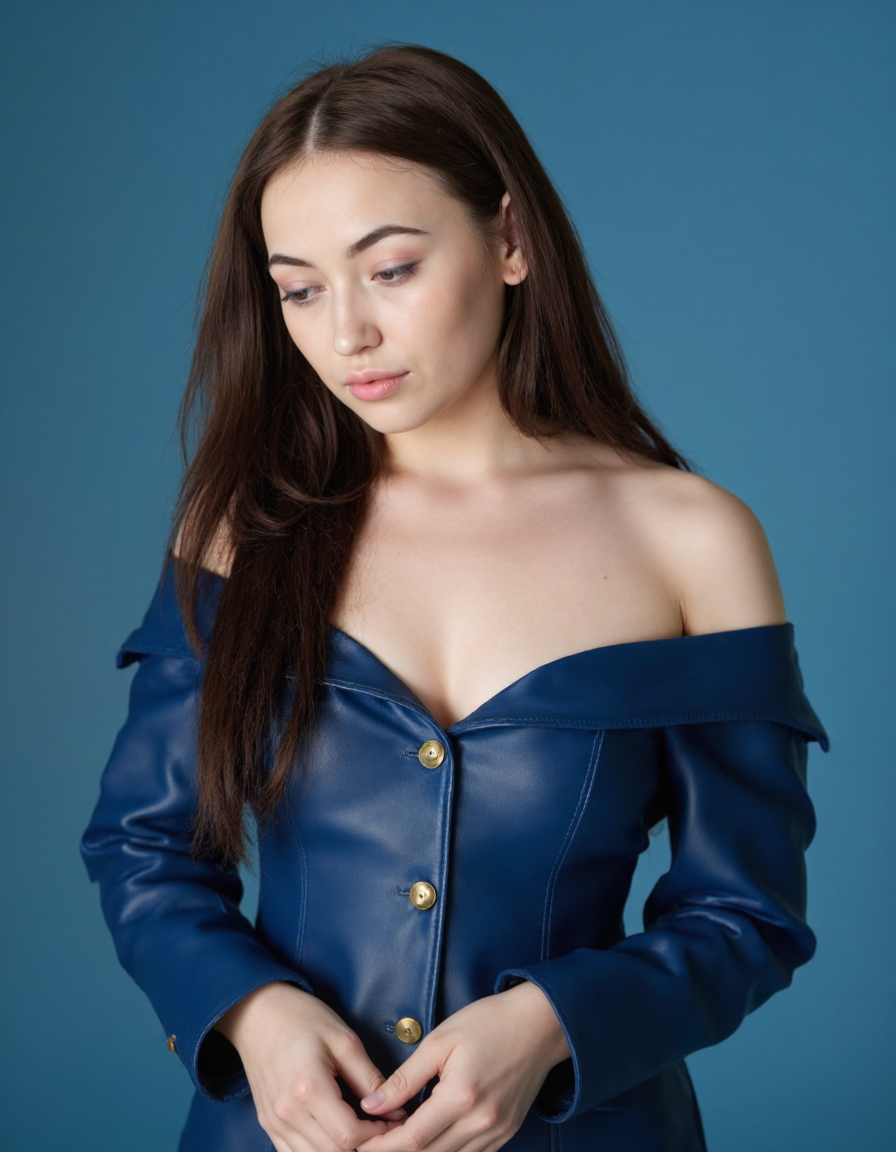 The image is a high-resolution photograph of a young woman of East Asian descent, likely in her late twenties to early thirties. She has a fair complexion and long, straight, dark brown hair that cascades past her shoulders. Her facial features are delicate, with high cheekbones, well-defined eyebrows, and full lips. She is wearing a deep blue, off-the-shoulder, long-sleeved leather jacket that buttons up the front with brass buttons. The jacket is snug-fitting, accentuating her slender physique and medium-sized breasts. Her hands are clasped together in front of her, and she is looking down at the floor with a contemplative expression., 
The background is a solid, gradient blue, which contrasts with her outfit and skin tone, making her stand out. The lighting is soft and even, highlighting the texture of her jacket and the smoothness of her skin. The photograph is taken from a slightly elevated angle, providing a top-down view that emphasizes her posture and the details of her outfit. The overall mood of the image is one of quiet introspection, with a focus on the subject's attire and facial expression., <lora:amelia:1>