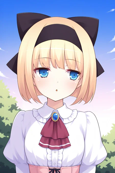 masterpiece, best quality, absurdres, official art, official style, rating general BREAK,
<lora:iriswindsor_IL_v1-2:0.7>, iris windsor, 1girl, solo, blue eyes, eyelashes, blonde hair, short hair, blunt bangs, bob cut, small breasts, petite, flat chest, hair bow, black hairband, black bow, casual, frilled dress, white collar, frilled collar, white shirt, dress shirt, center frills, red ascot, buttons, juliet sleeves, pink corset, cross-laced corset, portrait, close-up, outdoors,
blush, :o, bored, chestnut mouth, looking at viewer, open mouth, parted lips