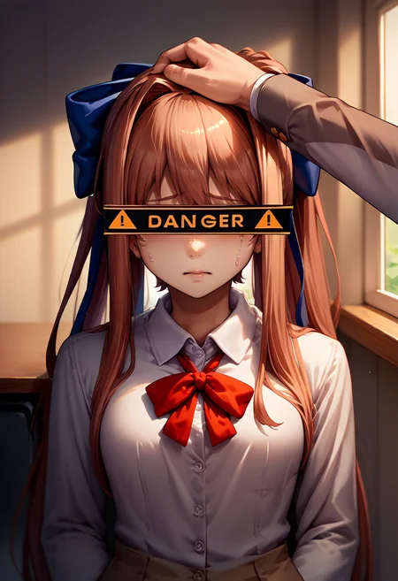 score_9, score_8_up, score_7_up, source_anime, headpat, pov hands, <lora:Headpat_XLPD:1>, indoors, 1girl, upper body, <lora:DangerEyeCensor_XLPD:1.2> DangerCensor, identity censor, monika \(doki doki literature club\), crying, school uniform,