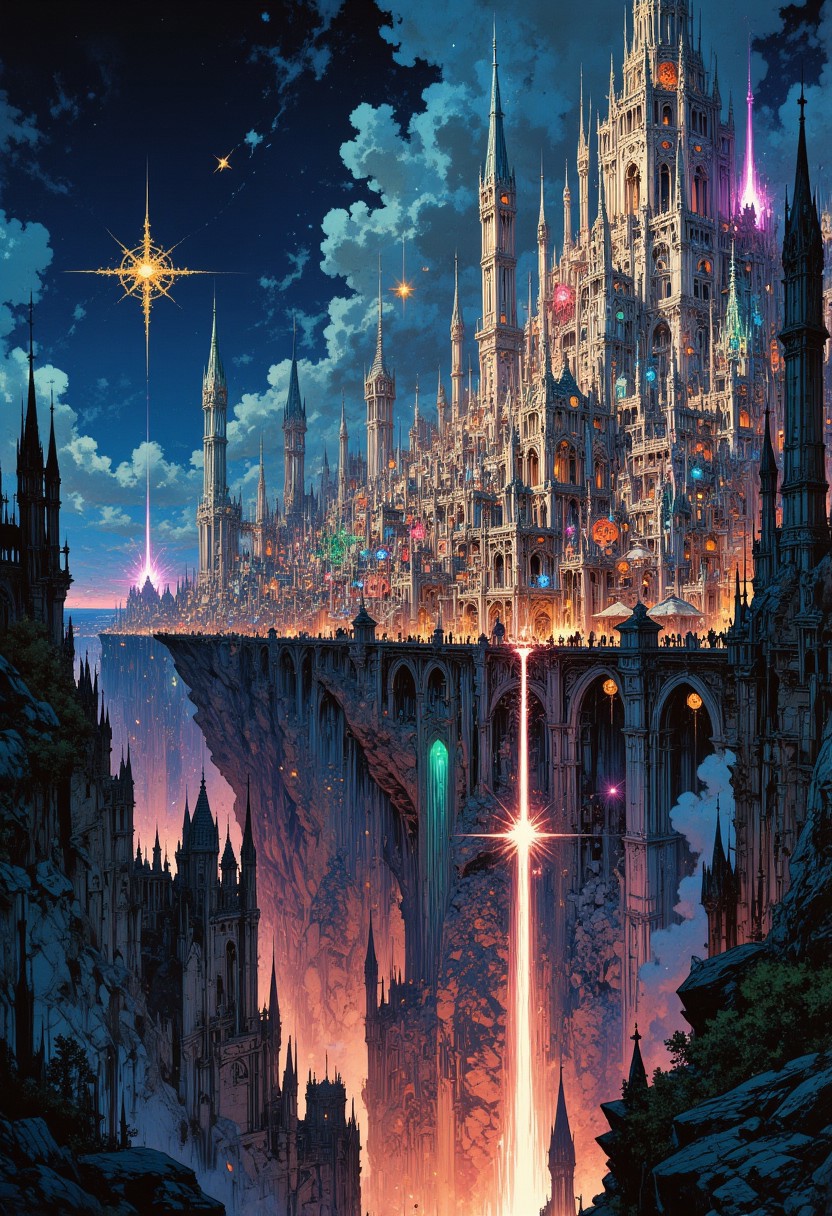 medieval fantasy, A city of towers that rises from a cliff above a vast chasm. The towers are of different heights, shapes, and colors, some reaching the clouds, some barely standing. The city is lit by magical lights of various hues, creating a dazzling spectacle at night. Bridges, cables, and flying vehicles connect the towers, forming a complex network of transportation. The city is home to people of many races, cultures, and backgrounds, who live in different districts and levels of the towers. The city is a hub of commerce, politics, and magic, but also a place of danger, intrigue, and mystery.