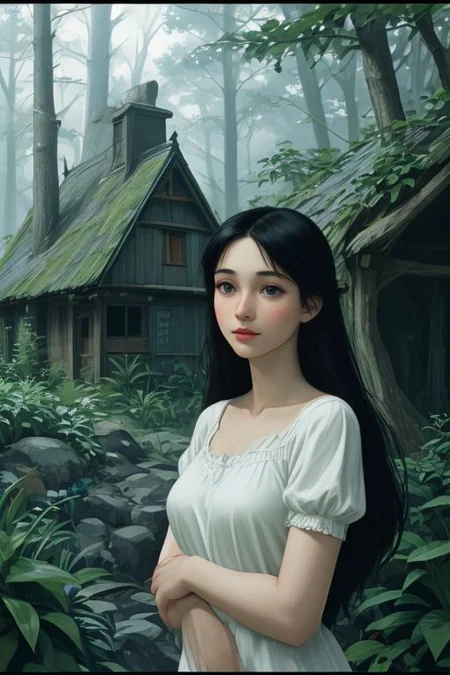 (Young girl). Snow White leaves her home country and is followed by an obsessed hunter. The meeting takes place in a dark forest, where she begs for her life. The hunter simply replies,  We ll see.  Snow White finds refuge in a dark place and decides to settle in an abandoned hut, claiming that the current owner will not return. (fantasy, realism, romanticism). (Art by Alan Lee:1.4).