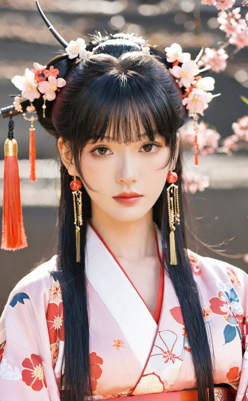 1girl,solo,looking at viewer,long hair,bangs,floral print,hair ornament,blush,jewelry,earrings,closed mouth,japanese clothes,black hair,kimono,tassel,upper body,red kimono,
