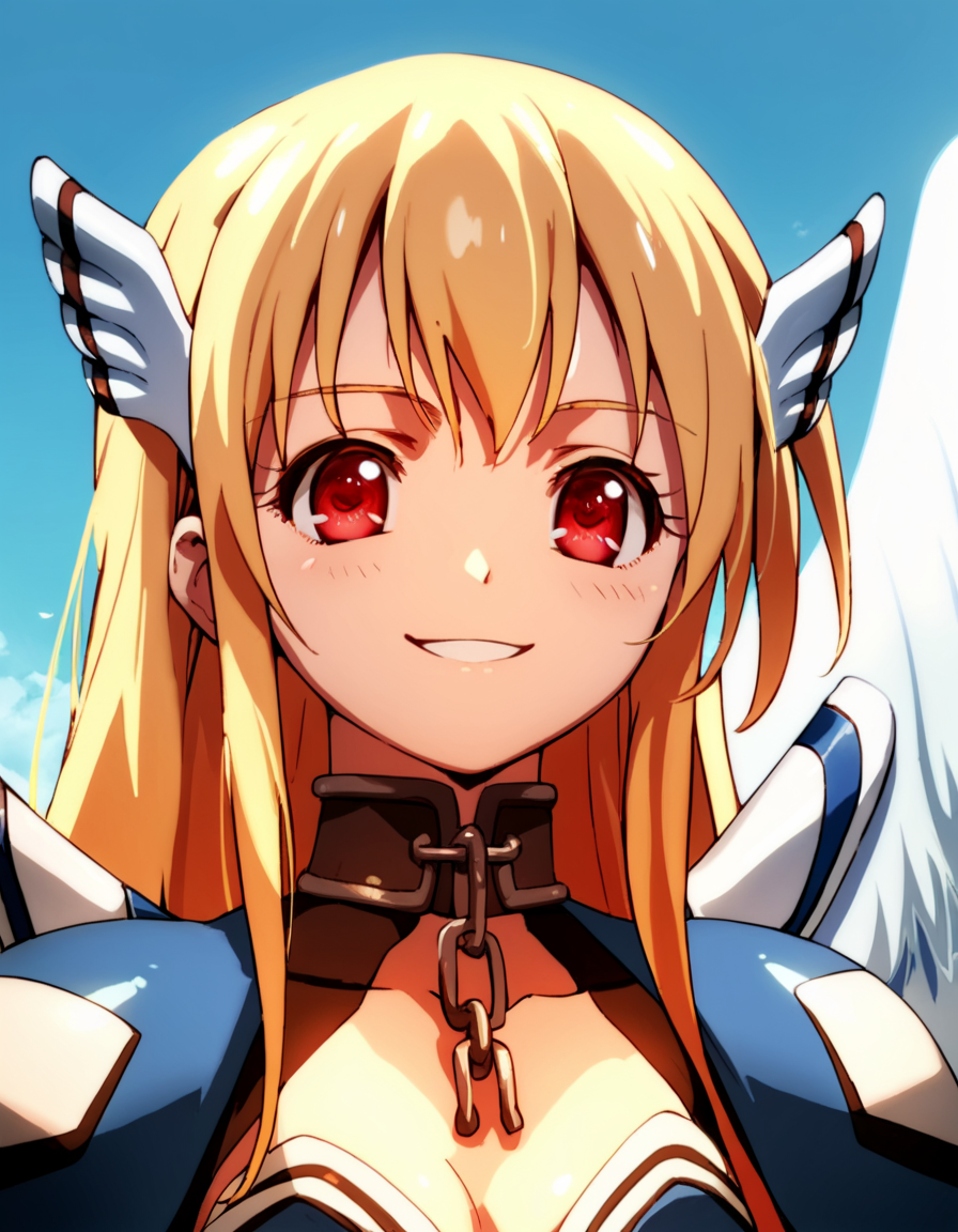 score_9, score_8_up, score_7_up, score_6_up, score_5_up, score_4_up, source_anime,  Astraea, red eyes, blonde hair, wings, collar, , portrait, soft smile