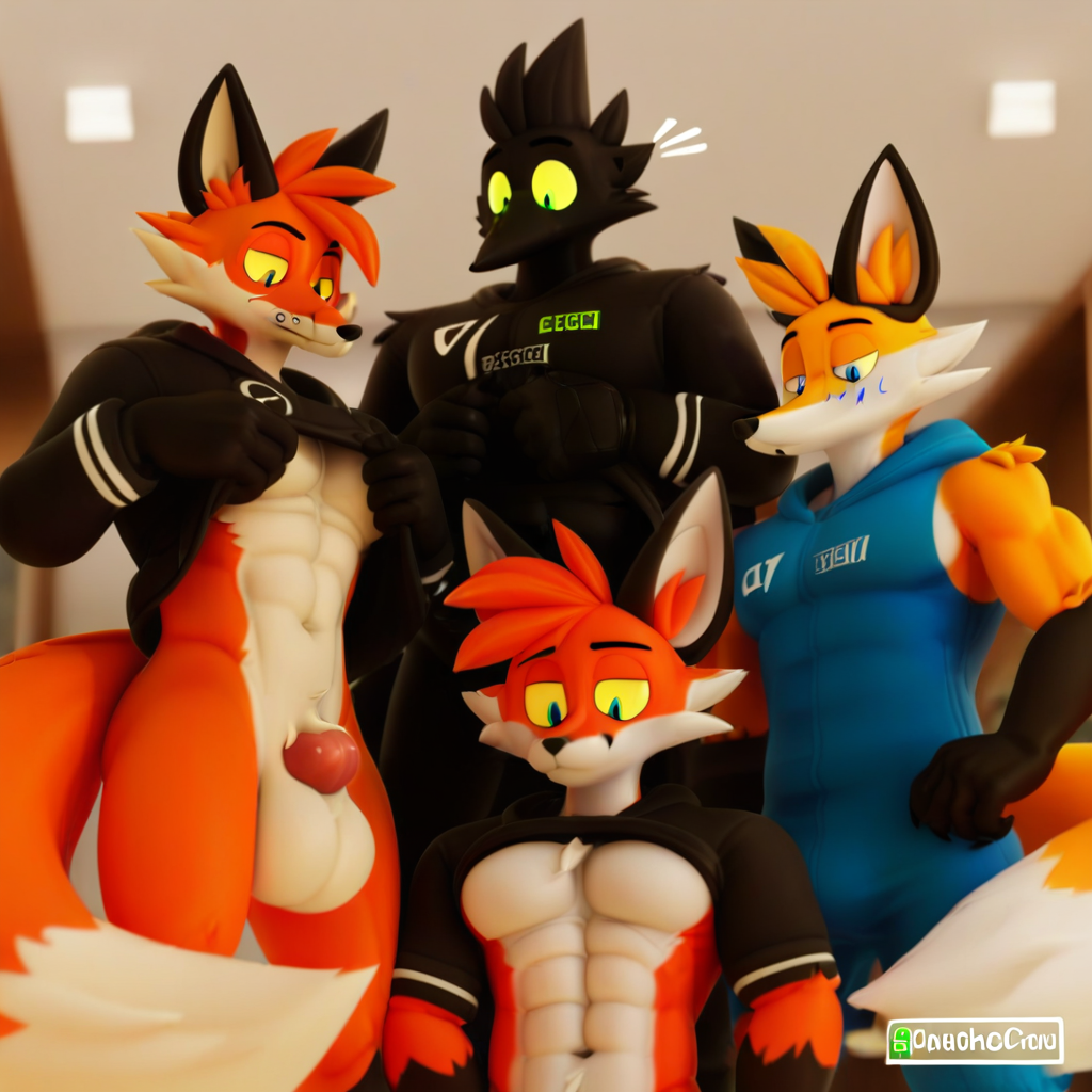 furry with furry, looking down, hoodie lift, 3boys, Pecs, body fur, 1boy, colored sclera, black fur, fox ears