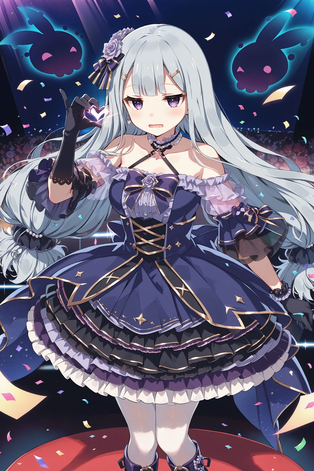 score_max, (score_9, score_8_up, score_7_up:1.2), score_6_up, official art, source_anime,
, masterpiece, absurdres, high detail, 8k,
stage, lightbeam, colorful light, confetti, audience,
standing, heart_hands, shy, blush, wavy mouth, open mouth, black ghost,
, rubetti, low-tied long hair, hair flower, purple rose, hair bow, hairclip, star \(symbol\), hair scrunchie, pearl hair ornament, idol costume, frilled chocker, collarbone, bare shoulders, criss-cross straps, purple dress, purple bowtie, frilled dress, detached sleeves, see-through sleeves, elbow gloves, black gloves, frilled skirt, layered skirt, white pantyhose, lace-up boots, purple boots
<lora:XL_Pony_gomaotsu-ruberis-t1:1.0>