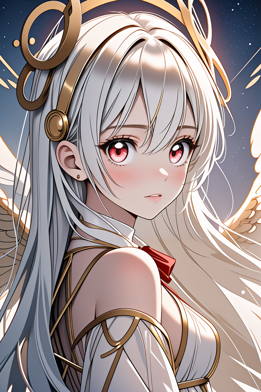 (((masterpiece))),(((crystals texture Hair))),(((((extremely detailed CG))))),((8k_wallpaper)), (1 girls:1.5),big top sleeves, floating,beautiful detailed eyes, overexposure, side blunt bangs, buttons, bare shoulders,light shafts, soft focus, character focus,wings,(((Transparent wings))),[[((Wings made of golden lines,angel wing,gold halo around girl,many golden ribbon,Aureate headgear,gold magic circle in sky, light, black sky):1.3):((galaxy background, snowflakes, night sky, black pupils, starts sky background, stars behind girl, view on sky,standing):0.8)],[(Elegant hair,Long hair,The flying golden lines,Messy golden lines,halo,hairs between eyes,Small breasts,ribbons, bowties,red eyes, golden pupil, white hair,flowing hair,disheveled hair,lowing long hair):(Delicate arms and hands):0.8] <lora:LCM_LoRA_Weights_SD15:1>