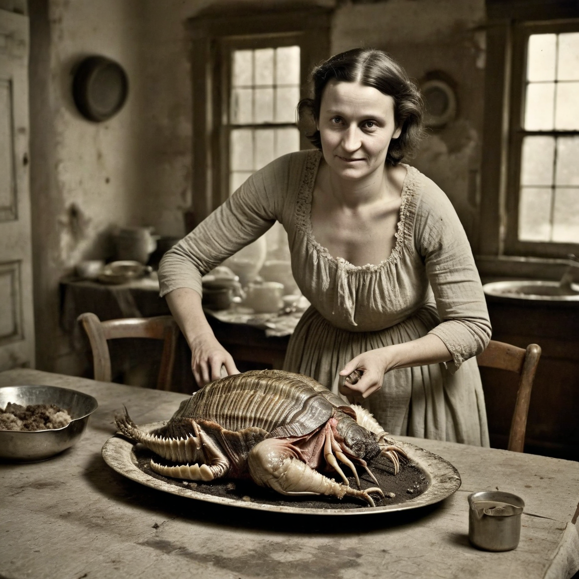 daguerreotype portrait circa 1820, rural woman setting a platter of roasted alien trilobite turkey monster on a dirty old dining table, in old worn kitchen, wearing a revealing dirty cloth old dress made of cloth, detailed face