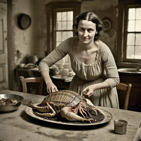 daguerreotype portrait circa 1820, rural woman setting a platter of roasted alien trilobite turkey monster on a dirty old dining table, in old worn kitchen, wearing a revealing dirty cloth old dress made of cloth, detailed face
