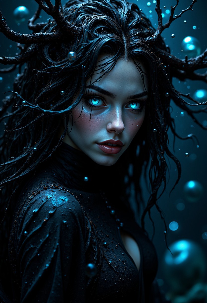 Face close up, gorgeous perfect eyes, highly detailed eyes, glossy lips. A dark, underwater realm with an abyssal temptress emerging from the deep, her long, flowing hair blending with the inky black waters. She has pale, iridescent skin and wears a sensual ensemble of dark seaweed and shimmering pearls, accentuating her alluring curves. Her eyes, glowing an eerie blue, pierce through the murky water as she gazes seductively at the viewer. Bioluminescent creatures flutter around her, illuminating the darkness with soft, ghostly light. The scene is moody and mysterious, with soft particle effects of drifting bubbles and light shafts, capturing the haunting beauty of the temptress and her deadly, otherworldly domain. (maximum ultra high definition image quality and rendering:3), maximum image detail, maximum realistic render, (((ultra realist style))), realist side lighting, , 8K high definition, realist soft lighting, (amazing special effect:3.5)