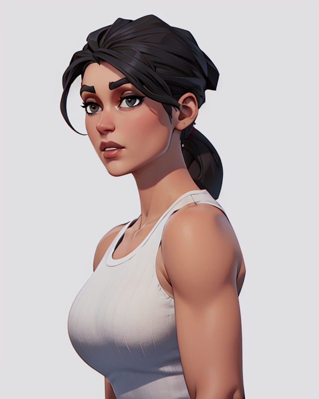 <lora:VRAMsRamirez:0.7> vramsramirez, 1girl, solo, long ponytail, black hair, white background, tank top, three quarter view, parted lips