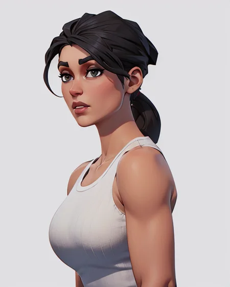 <lora:VRAMsRamirez:0.7> vramsramirez, 1girl, solo, long ponytail, black hair, white background, tank top, three quarter view, parted lips