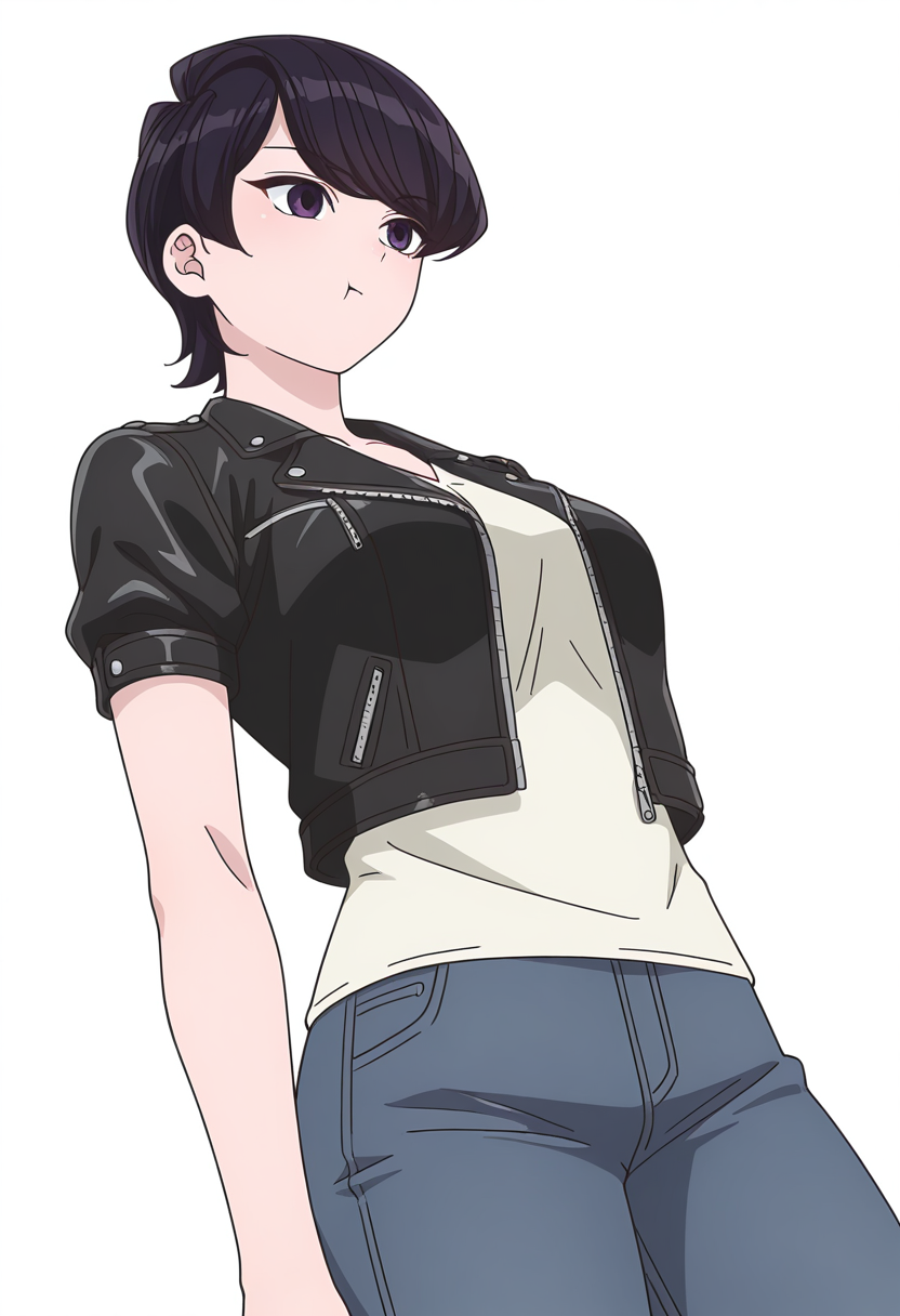 Smooth Quality,masterpiece,very intricate, high quality details, ultra realistic, high detailed skin,detailed enviorement,
simple background, white background,from below,:t,
 board shorts,  ,gothic blouse,  ,biker jacket,  , <lora:Komi_Shuuko_cnn:0.8> komishuukocnn, 1girl,black hair, short hair, bangs, purple eyes,mature female,shirt, jeans, short sleeves,