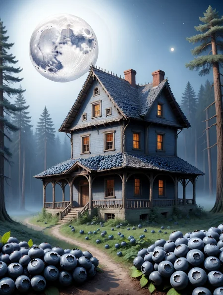 blueberrym0rph of a old house, in the forest, the moon in the background <lora:Blueberry_World_Morph:1>