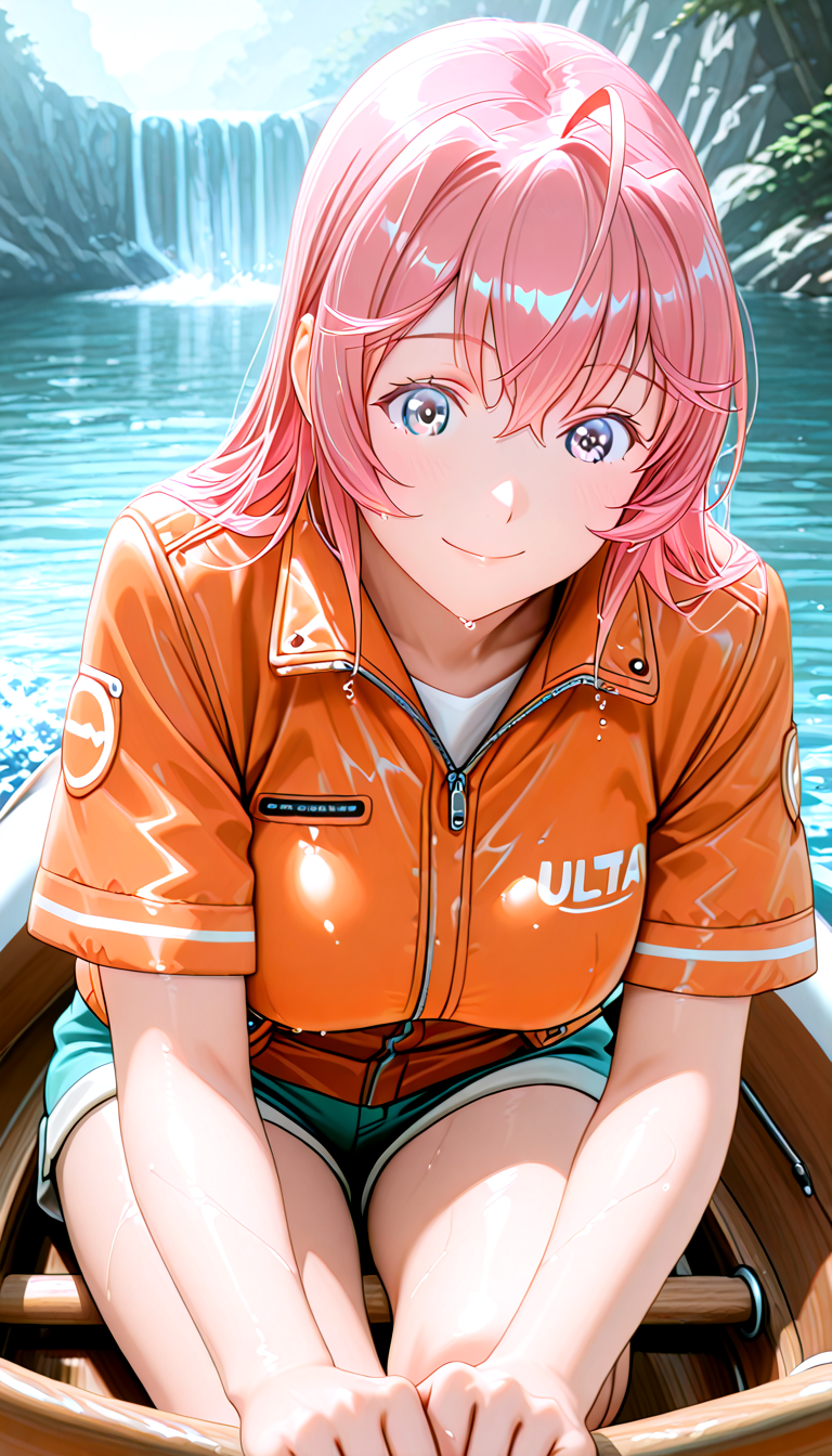 lazypos, masterpiece, best quality, amazing quality, very aesthetic, absurdres, newest,  ((ultra detailed hair:1.4)), ((ultra detailed eyes:1.4)), ((Dynamic Angle:1.49))
BREAK
1girl,solo, 0t0m3, pink hair,  <lora:sakuragi_otome420_epoch_15:1>
Short sleeves, shorts, Orange life jacket
BREAK
((Canoe:1.2)),( grasp one oar with both hands:1.2),(splash of water:1.4), (wet hair:1.2) ,
sit on canoe, falling down a waterfall,((Holding oars))
big smile