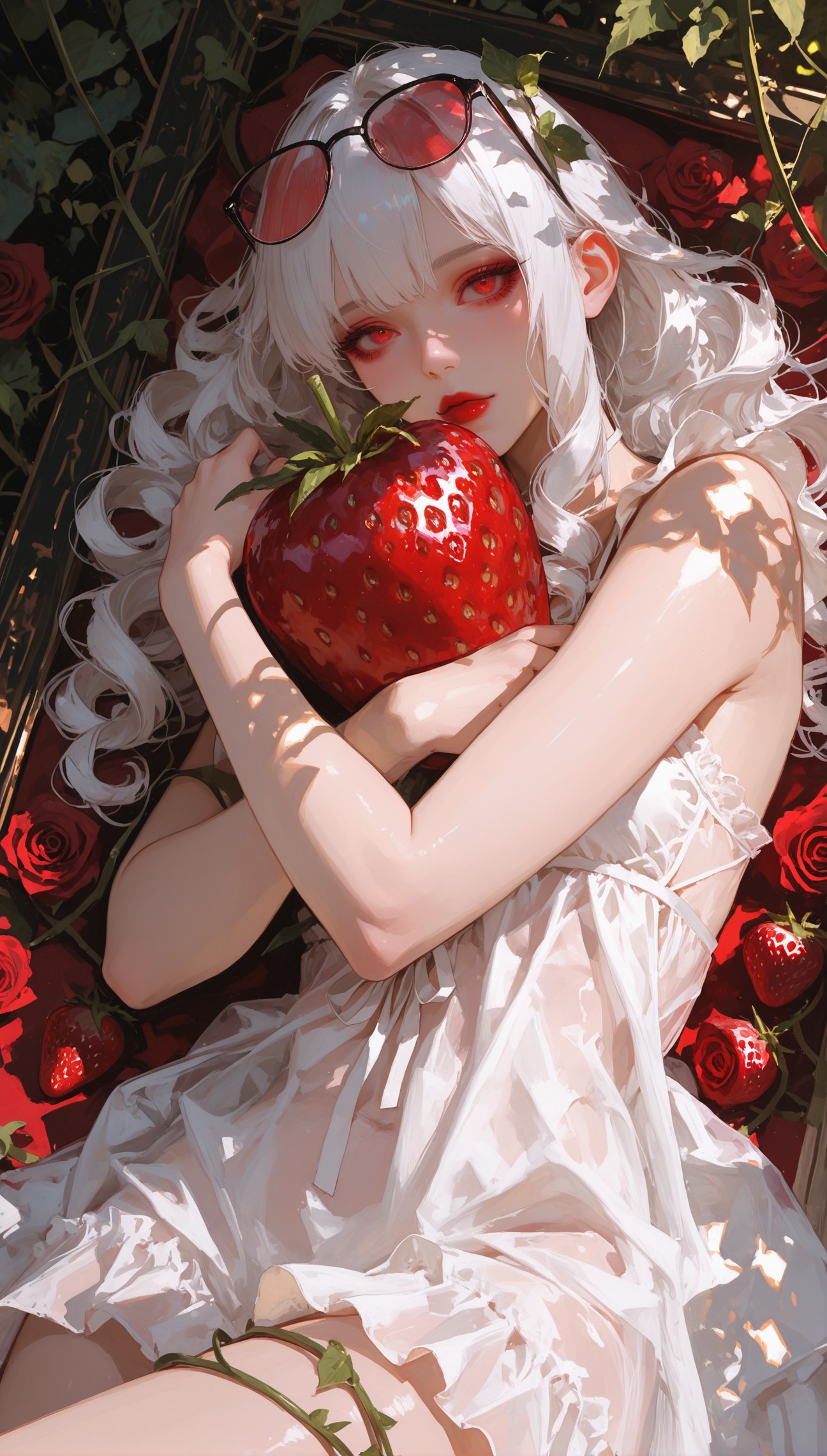 masterpiece, best_quality, amazing quality, newest, 8k, very awa, highly detailed,1girl, red eyes, white hair, curly hair, sidelocks, hugging face, dreamy eyes, looking at viewer, red lips, lying, res roses around, babydoll dress, vines, strawberry, dappled sunlight, glasses on her head, books,
stylish pose, modeling photoshoot, 