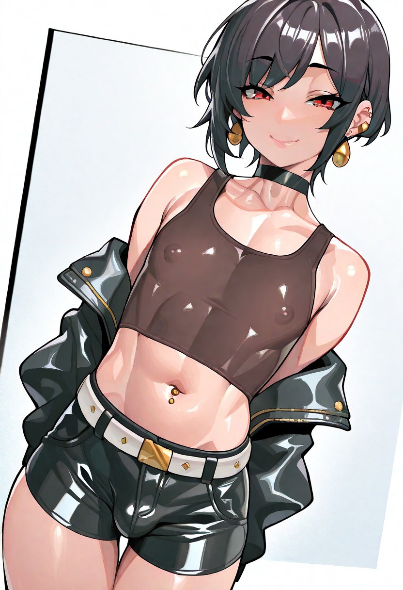 hi res, masterpiece, best quality, detailed, amazing quality, detailed background, detailed eyes, clean eyes, best quality, highres, highres, greatscore, absurdres, dynamic angle, dynamic pose, 20yo, (textured:1.4), extremely detailed eyes, pretty,
EURK_ST, Kibawomuku_ST, Trap, TR4P, beauty, red eyes, navel piercing, black hair, covered nipples, male focus, midriff, 1boy, crop top, ear piercing, looking at viewer, bangs, smile, bare shoulders, short hair, black shorts, otoko no ko, black jacket, sidelocks, off shoulder, white belt, collarbone, black choker, closed mouth, open clothes, jewelry, tank top, short shorts, androgynous, earrings, stomach, cowboy shot