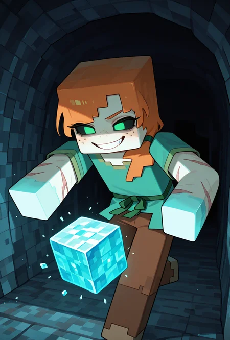 <lora:alexmc-10:1> alexmc, orange hair, 1girl, solo, green eyes, long green shirt, brown pants, short sleeves, freckles, square arms, square body, green waist ribbon, minecraft world, inside a cave, no pupils, light blue crystals coming out of walls, cubes, evil grin, dark scene, no light, scars, injury, pure white sclera, no eyes, no pupils, embedded light blue crystals, dynamic pose, glowing white sclera, without pupils, masterpiece, best quality, amazing quality, very aesthetic, absurdres, newest,