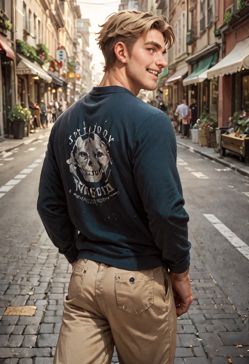 score_9,score_8_up, <lora:AdamWill-000003:0.6>,male focus,solo,twink,adam will,clothes,looking back, street, happy,