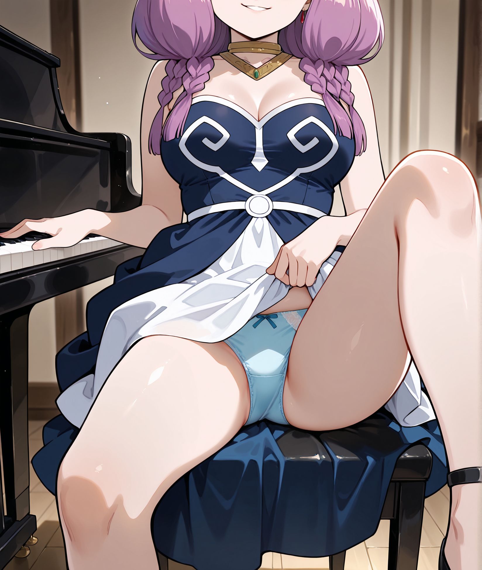 masterpiece, best quality, newest, absurdres, highres, detailed eyes, beautiful, detailed background, perfect eyes, anime coloring, anime screencap,
<lora:Erotic_Pianist:0.7> Erotic_ianistV1,
1girl,breasts,piano,instrument,
solo,(head out of frame:1.3),
large breasts,piano bench,
sitting, seductive smile, (faceless female), 
panties,  lifting own clothes,  skirt lift, m leg,
BREAK
aura \(sousou no frieren\), sousou no frieren, official art,