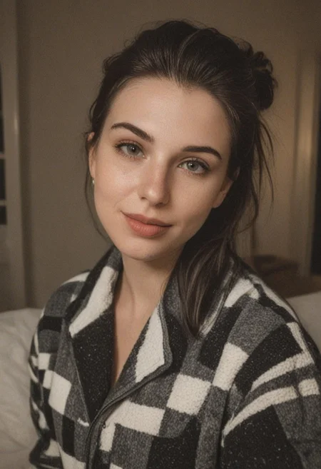 30yo woman wearing Plaid Polar Fleece Shacket with white textures
long black dark hair slick back and smooth. Kissface.
smile. Looking at camera. POV.
happy.
Living room. Fully furnished.
Night time.
Portrait.