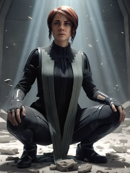 a woman,faced to viewer,dramatic lighting,particles,debris,solo,solo focus,
<lora:Jasse_Faden_v6_biglust:0.95>woman,jasfdn face,jas hair,asynch clothes,looking at viewer,squatting,clothed,Tattered Layers clothing, rating_safe