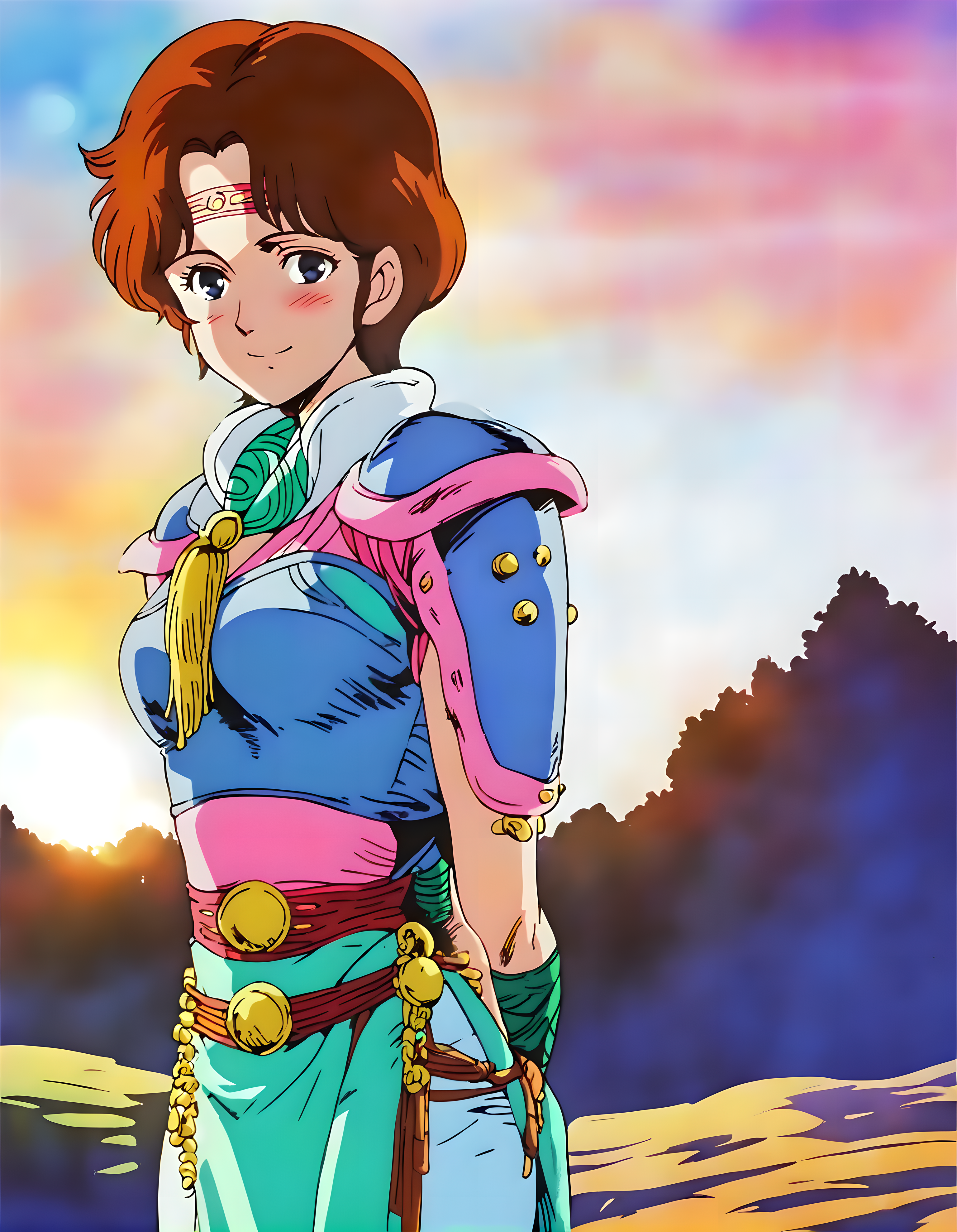 <lora:pony_xl_lin:0.9>,lin,score_9,source_anime,1girl,solo,shoulder armor,shoulder pads,pants,cowboy_shot,looking_at_viewer,lens_flare,nature,in a meadow,day,sky,smile,;d,light_blush,arms_behind_back,leaning_forward,standing,