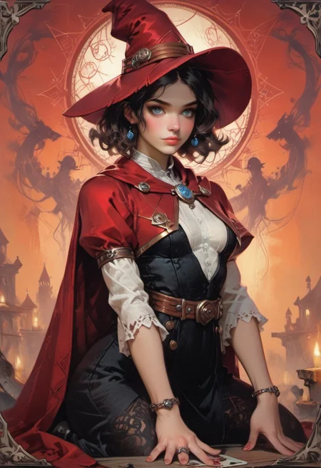 score_9, score_8_up, score_7_up, ((waist-up portrait, kneeling, face focus, eye focus, dynamic angle, motion)), 1girl, fantasy, (ph4nt0m01l), ((Tarot Card Style)), witchkiri, (sexy witch costume), (witch hat), lace, cape, breathless intimacy, tanned skin, petite model bombshell, heart, young, delicate features, narrow pointy nose, tiny nose, brown hair, medium length hair, bob cut, lust, big eyes, seductive eyes, blue eyes, detailed skin, flared lashes, mascara, makeup, perky medium breasts, athletic body, narrow waist, skinny hips, ((tarot cards)),
warm light, detailed, neon dark party, candles, ((occult, magic ritual)), ((colorful background)),
BREAK
milky way, runes, arcane, astral, surreal, ethereal glow, masterpiece, best quality, intricate design. colorful, moonlit nightsky, stained glass aesthetic, moody whimsical color palette, murano glass, bold soldering lines, volumetric light shining through, crepuscular rays, intricate craftsmanship, detailed texture, luminous transparency, reflective light play, vivid hues, atmospheric depth, enchanting silhouette, art nouveau,