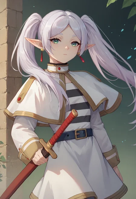 score_9, score_8_up, score_7_up, 1girl, sheathed sword
<lora:sheathed_sword_pony_1_final:1>
BREAK
score_9, score_8_up, score_7_up, nereirfpnxl, frieren, pointy ears, twintails, earrings, elf, parted bangs, white hair, white capelet, capelet, long sleeves, white skirt, belt, striped shirt
<lora:others_frieren_nereirfpnxl_pony_v2:1>